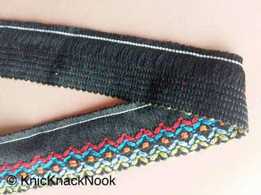 White / Black Threaded Trim With Red, Blue, Yellow And Orange Embroidery